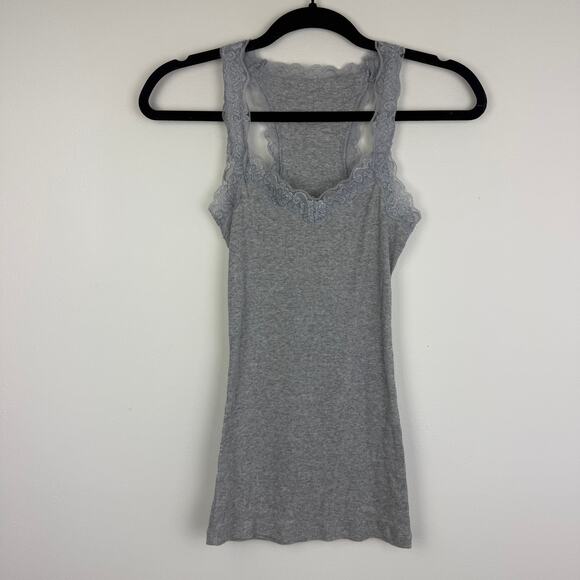 Womens Lace Trim Y2K Stretch Rib Knit Long Fitted Cami Oatmeal Grey Tank Top - Picture 1 of 7